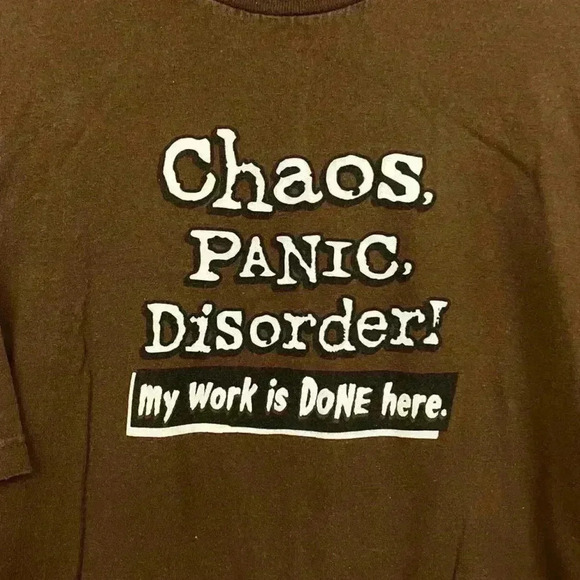VTG Chaos Panic Disorder My Work is DONE Here Brown T-Shirt XL Y2K - Picture 4 of 6